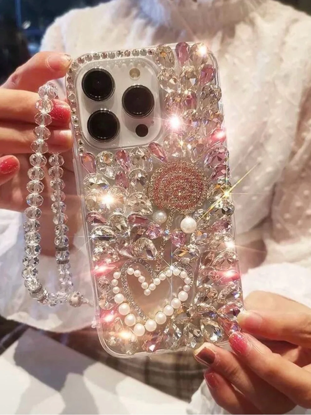 Crystal Pink Heart Rhinestone Phone Case with Beaded Strap iPhone 17 plus promax